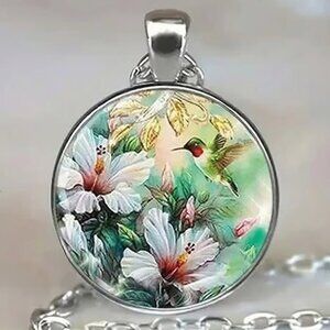 Silver HUMMINGBIRD Glass Cabochon Pendant Necklace